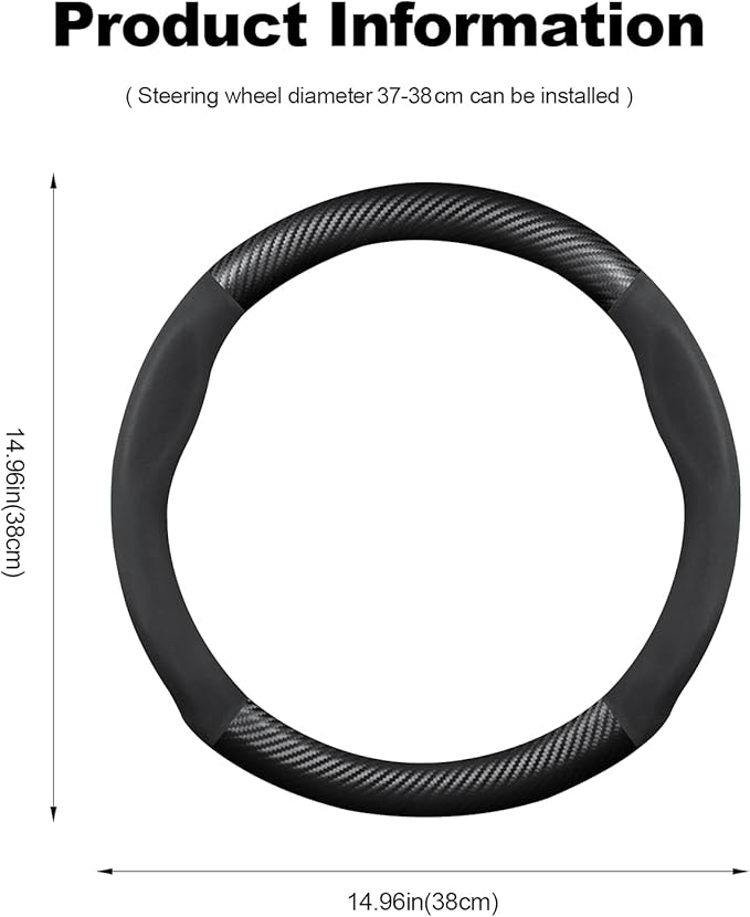 Ergocar Round Shape Carbon Fiber & Microfiber PU Leather Steering Wheel Cover Anti-Slip Car Steering Wheel Protector Breathable Sweat Absorbent Sport for Diameter 38cm(15")-Black