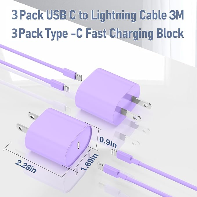 i Phone Charger Fast Charging 10 FT, 3-Pack 20W PD USB C Charger Block with i Phone 14 13 Charger Cable 10 Foot, Compatible with iPhone 14 Pro 13Pro Max 12 11Pro Mini - Purple