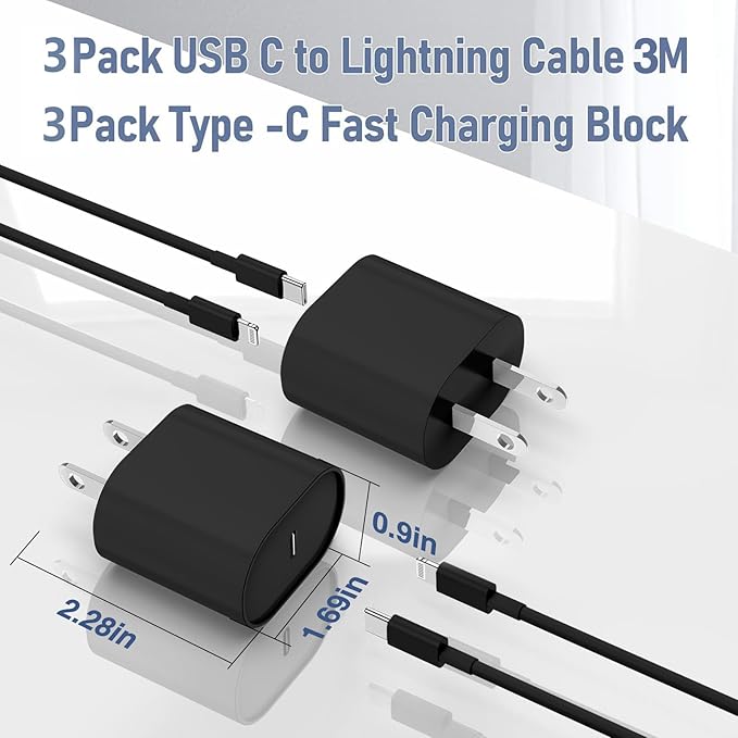 i Phone Charger Fast Charging 10 FT, 3-Pack 20W PD USB C Charger Block with i Phone 14 13 Charger Cable 10 Foot, Compatible with iPhone 14 Pro 13Pro Max 12 11Pro Mini - Black