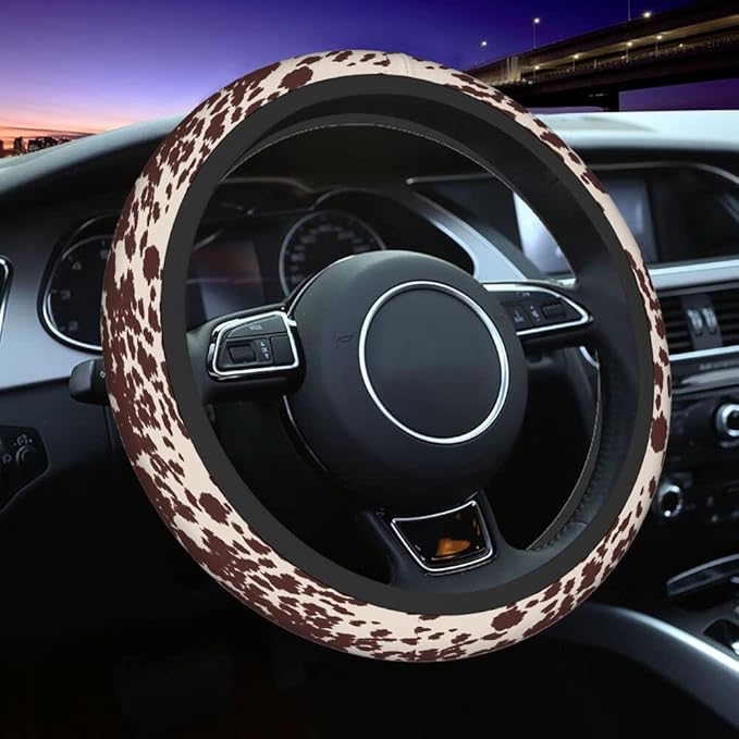 Swono Cow Skin Steering Wheel Cover for Men Women Animal Fur Horse Or Cattle Brown Spots Universal 15 Inch Auto Neoprene Case Anti-Slip Car Wheel Protector