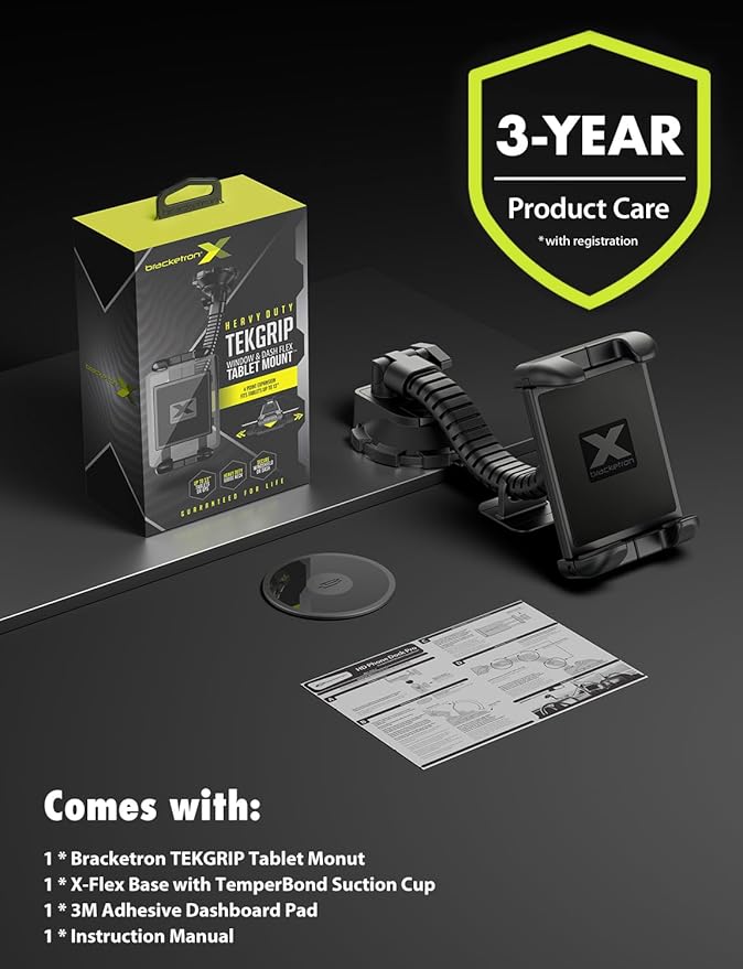 Bracketron TekGrip Tablet Holder for Truck Windshield & Dashboard - 360° Adjustable Tablet Car Mount with Gooseneck - Compatible with iPads, Tablets, GPS up to 13” Black