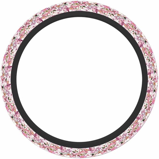 Pink Roses Elastic Steering Wheel Cover Many Kinds of Blooming Tropical Flowers Steering Wheel Cover Anti Slip Protective Case Universal Stretch Steering Protector