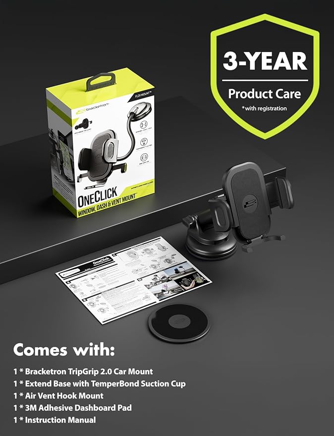 Bracketron TripGrip 2.0 Phone Holders for Your Car – Telescopic 3.5″–6.5″ Arm, Suction Cup with Lock-Lever, 360° Rotation - Support for Dashboard & Windshield Mount