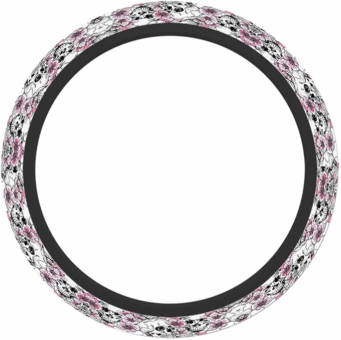 Skull and Flowers Car Steering Wheel Cover Pink Cherry Blossom Steering Wheel Cover Car Decor Suitable for Most Vehicles Including Trucks and SUV