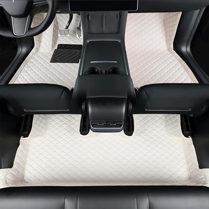 Tesla Model Y 2026 Juniper Refresh(5-Seater) Floor Mats - Premium Full Coverage All-Weather Leather Car Mats 100% FIT (White, Front & Rear Set)