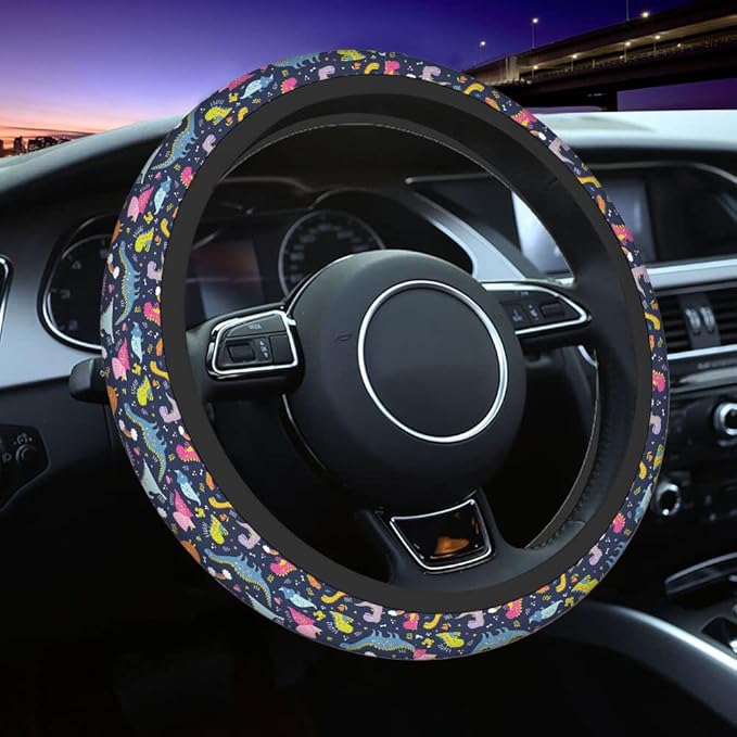 Swono Dinosaurs Cute Steering Wheel Cover Universal 15 Inch Cartoon Cute Dinosaurs with Rainbow Neoprene Car Steering Wheel Covers Stretchy Car Accessories for Women