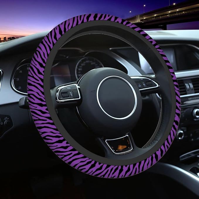 Swono Zebra Print Purple Car Steering Wheel Covers Funny Black and Purple Zebra Scale Print Universal Fit 15 Inch Anti-Slip Steering Wheel Protector Cover Stretch-On Fabric Automotive Car SUV Sedans