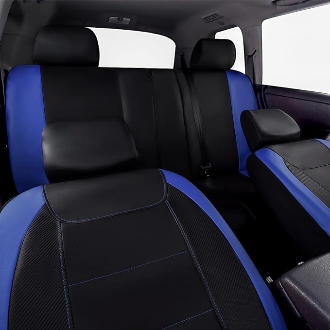 Flying Banner car seat Covers Protects Water Proof Faux Leather Carbon Fiber Front and Rear Bench (Blue Black, Full Set - 9PCS)