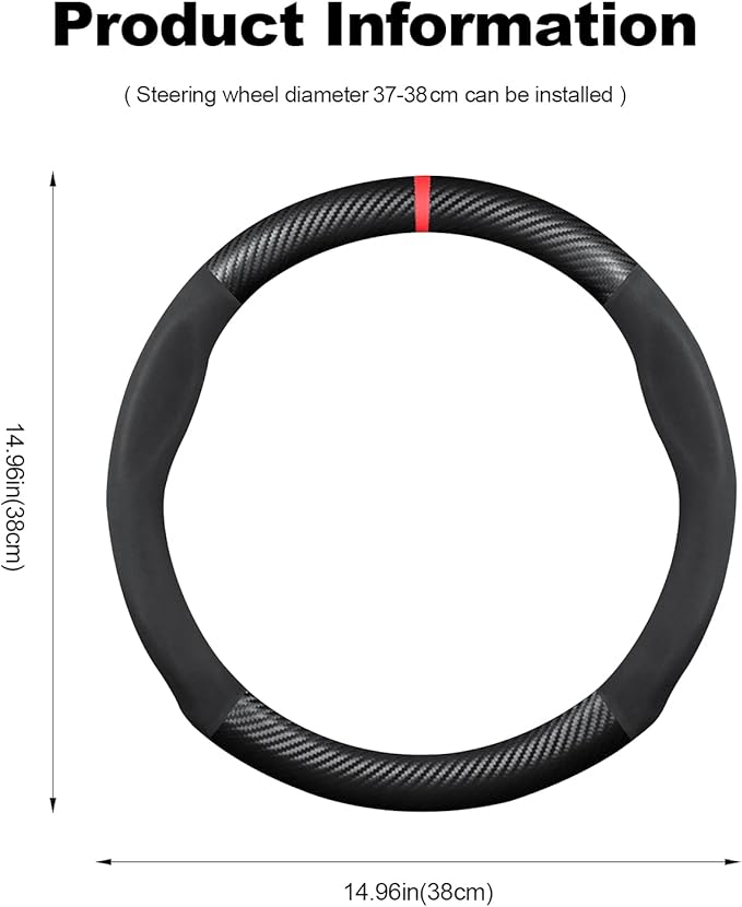 Ergocar Round Shape Carbon Fiber & Microfiber PU Leather Steering Wheel Cover Anti-Slip Car Steering Wheel Protector Breathable Sweat Absorbent Sport for Diameter 38cm(15")-Black Red