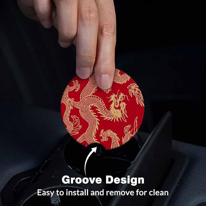 Dragon Car Cup Holder Coaster 2 Pack Absorbent Ceramic Car Coasters for Cup Holders Car Accessories Interior for Women Men Universal Anti Slip Cork Base Cup Coasters with Finger Notch