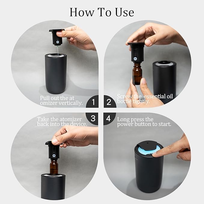 Waterless Diffuser for Essential Oil, Battery Operated Mini Fragrance Scent Air Machine, 3-Color Ambient Night Light, Aluminum, 0.51 Oz/15mL, 3 Countdown Timers & 3 Mist Levels for Home, Car, Titanium