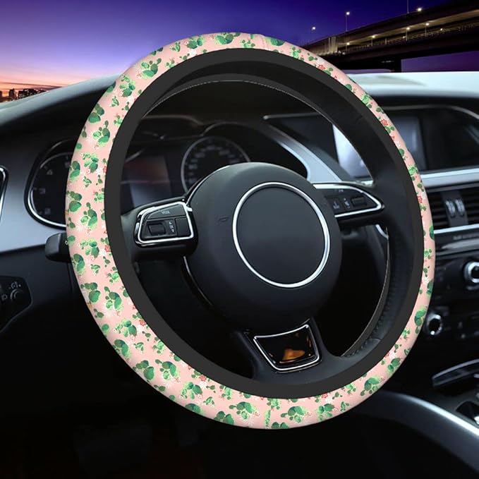 Swono Green Cactus Steering Wheel Cover Cute Prickly Pear Cactus Print Pattern On Pink Universal 15 Inch Auto Car Steering Wheel Covers SUV Anti Slip Wheel Wrap Protector for Men Women