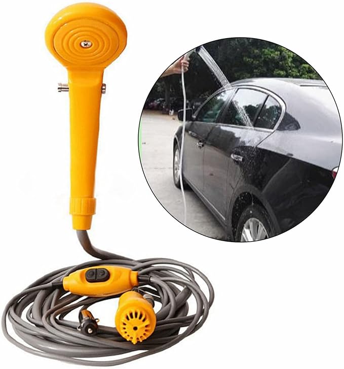 Car Shower, Adjustable Water Volume Portable Outdoor Shower for Pet Vegetable Washing Camping DC 12V Yellow