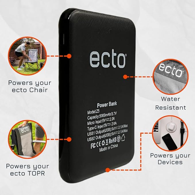 Ecto 5v 5,000mAh Battery Portable Power Bank for ecto Chair, ecto TOPR, Smartphones, laptops, (2) USB-A Ports