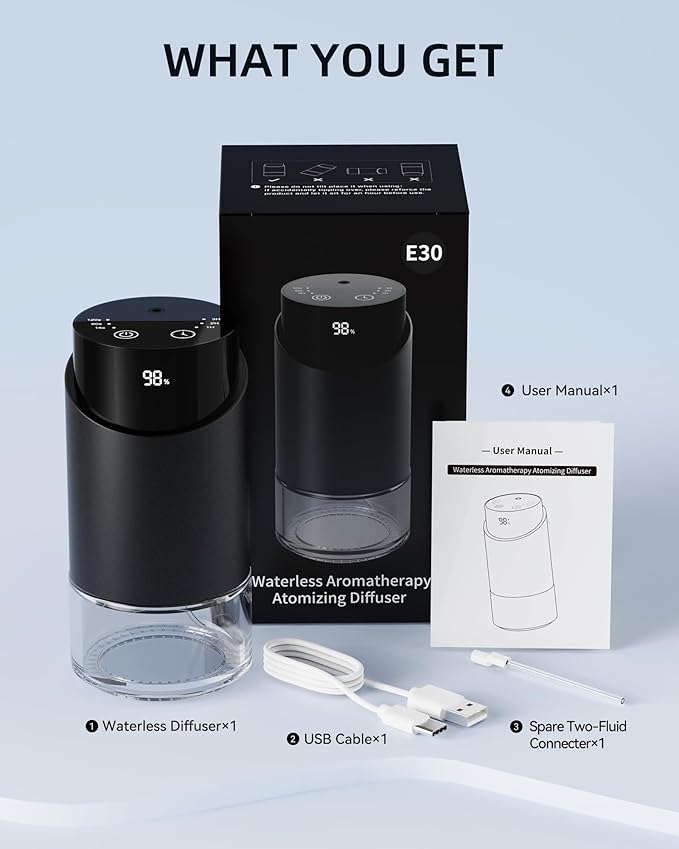 Waterless Essential Oil Diffuser Aromatherapy Scent Diffusers for Home Large Room, Car, Office, Desk, Mini Battery Operated Cordless Air Freshener, 4 Timers & 3 Mist Levels, 100ml Capacity (Black)