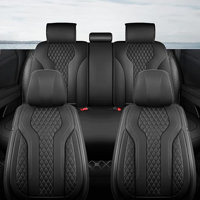 Leather Car Seat Covers - Breathable Faux Leather Seat Covers Full Set for Cars SUV Sedan - Waterproof - Black