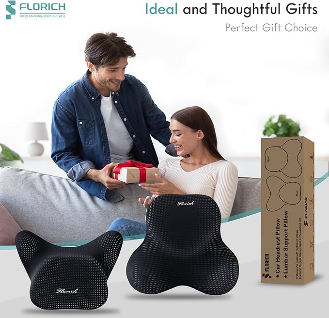 FLORICH Lumbar Support Pillow and Neck Headrest Pillow for Office Chair Car, Ergonomic Memory Foam, Relieves Neck, Back Pain, Pressure-Relieving Back Support for Car, Office Chair & Wheelchair – Black