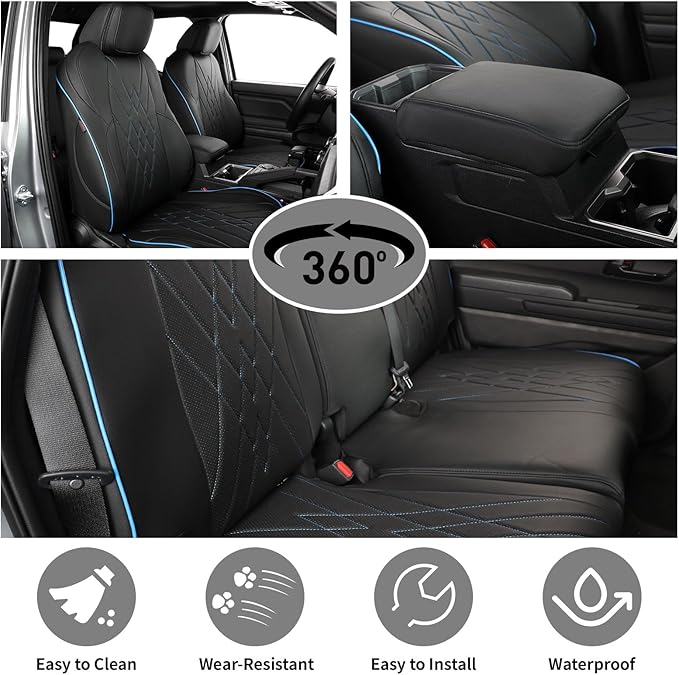 EKR Custom Fit Tacoma Car Seat Covers for Select Toyota Tacoma (Petrol) 2024 2025 Double cab SR,SR5,TRD Sport,TRD Off-Road,Limited -Full Set,Leather (Black with Blue Trim)
