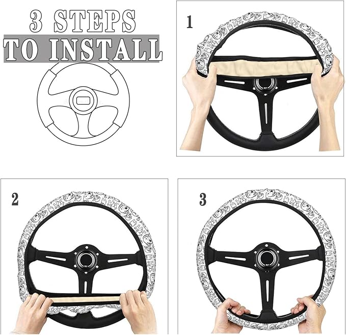 White and Black Hand Drawn Cartoon Dogs Steering Wheel Covers Anti-Slip Elasticity Car Accessories Steering Wheel Protector Universal 15 Inch for Cars SUV Vehicle Truck