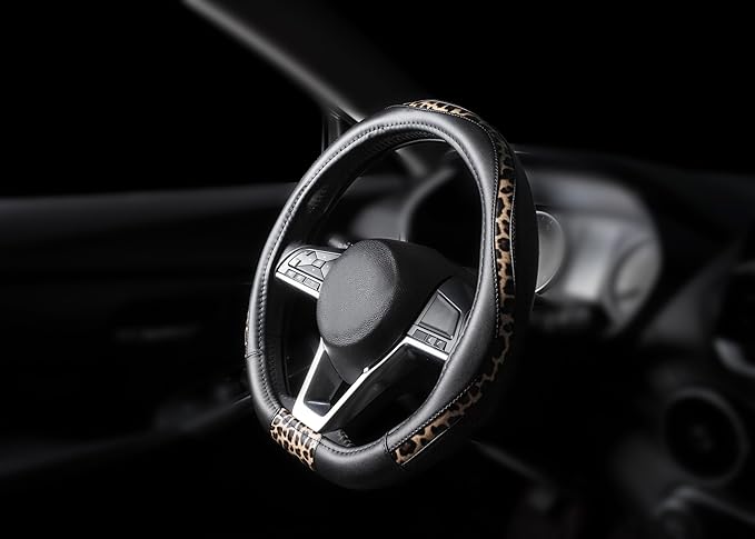 Road Comforts D-Type Steering Wheel Cover - Made with PVC Leather and Leopard Fabric - Universal Fit for 15-Inch D-Shaped Automotive Steering Wheels (Black Color)