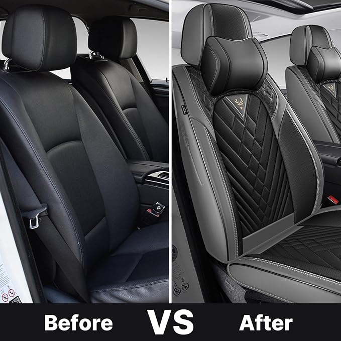 Car Seat Cover Full Coverage Seat Cover Premium Waterproof Faux Leather Cushion Universal Accessories Fit SUV Sedan Automotive Vehicle Auto Interior Seat Protector Full Set(2 Seat-Headrest,Black&Gray)