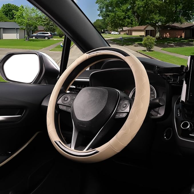 SEG Direct Car Steering Wheel Cover Medium Size 14 1/2"-15" Embossed Microfiber Leather with Carbon Fiber Pattern Beige