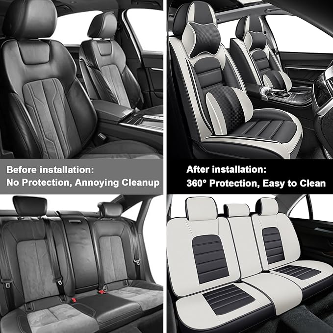 5 Car Seat Covers for Toyota RAV4 2000-2026 Breathable Leather,Waterproof Car Seat Protectors with Comfort Headrest Pillows,Automotive Vehicle Cushion with Storage Pockets (Luxury,Gray)