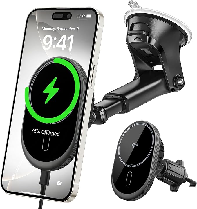 A2C for MagSafe Car Mount Charger, QI2 15W Wireless Car Charger with Semiconductor Cooler, Magnetic Car Charger for iPhone 17 16 15 14 13 12, Dash+Windshield+Vent Mount, PD 30W Adaptor Included