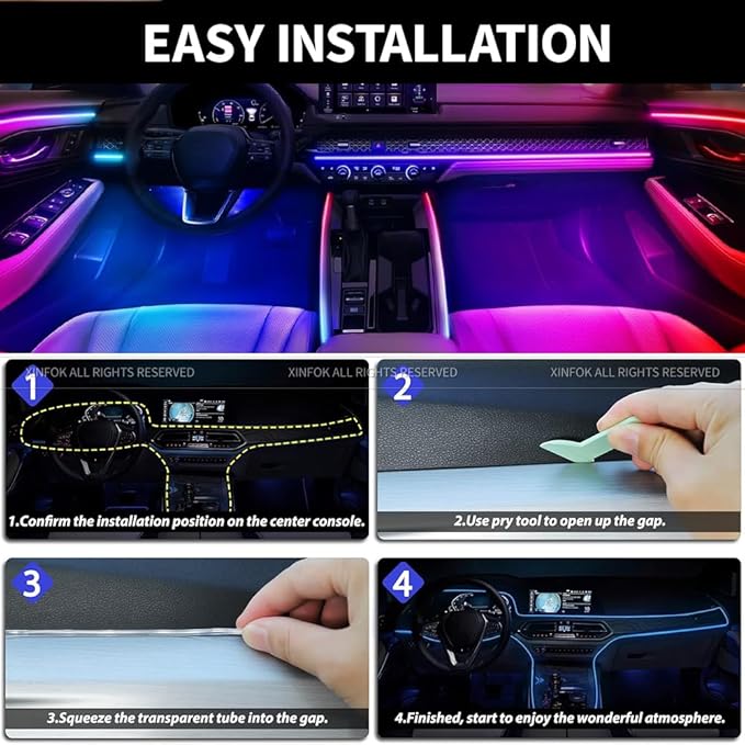 Acrylic Ambient Lighting Car Interior Kit, 4 in 1 Dream Color Acrylic Led Strips Fiber Optic Lights with APP, 116 inches USB Flexible Neon Music Sync 16 Million Colors Dashboard Decorations