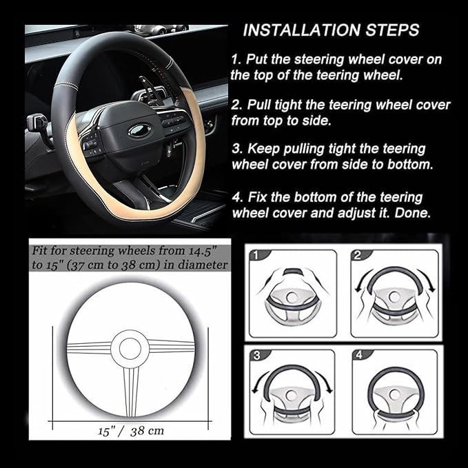 Valleycomfy Microfiber Leather Steering Wheel Covers Universal 15 inch (Beige)