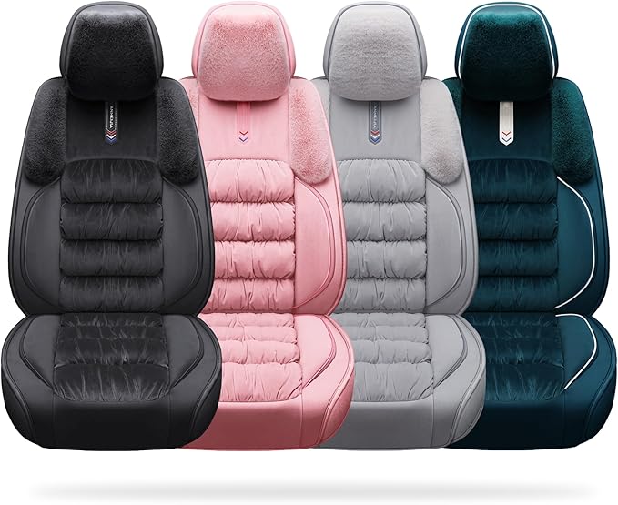 AOOG Fuzzy Leather Car Seat Covers, Heated Front Bench Back Cushion Protector for Cars SUV Trucks (Full Set, Black)