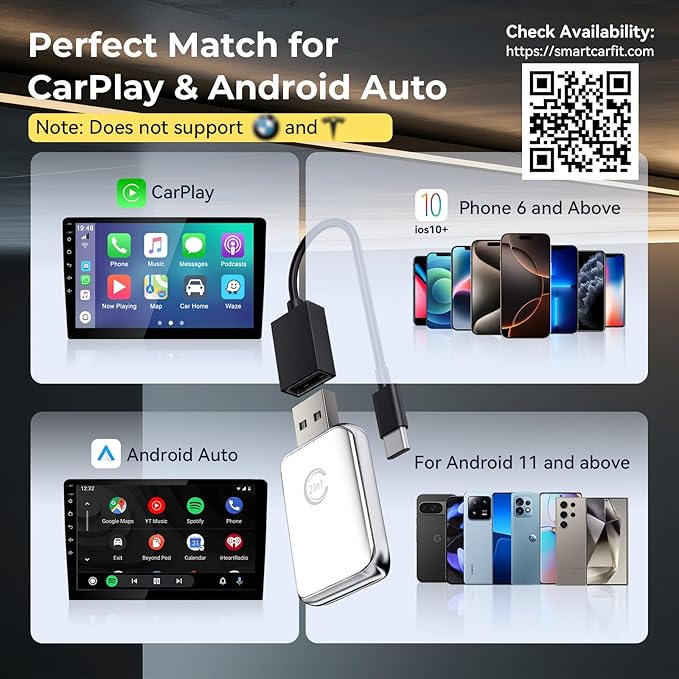 2-in-1 Wireless CarPlay Adapter, Plug and Play, Android Auto Compatible, 5.8GHz WiFi Connection