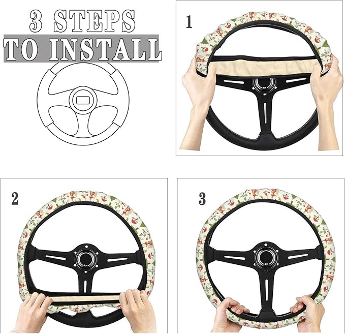 Woodland Animals Steering Wheel Covers Anti-Slip Elasticity Car Accessories Steering Wheel Protector Universal 15 Inch for Cars SUV Vehicle Truck