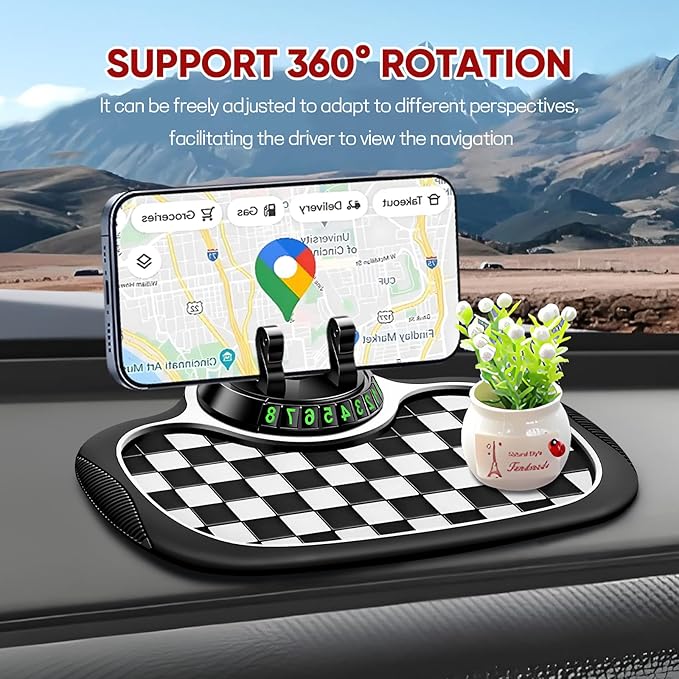 Wuyaoyao Multifunction Car Anti-Slip Mat Auto Phone Holder, PVC Car Dashboard Non-Slip Pad Phone Mount with Temporary Parking Number, Automotive Sticky Dash Pad for Phones, Keys, Gadgets (Black+White)