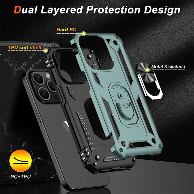 IKAZZ for iPhone 14 Pro Max Case 6.7 Inch with Screen Protector,Military Grade Shockproof Heavy Duty Protective Phone Cover Pass 16ft Drop Test with Magnetic Kickstand Car Mount Holder,Pine Green