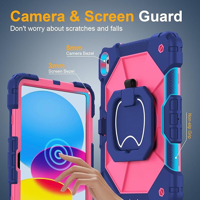 Case for iPad A16 11th/10th Generation 11 inch/10.9 inch 2025/2022, Ubearkk for iPad a16 case with Screen Protector, 360 Degree Rotating Stand Shoulder Strap Pencil Holder, Navy Pink