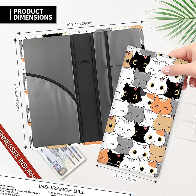 Leather Car Registration and Insurance Card Holder, Cute Car Accessories Vehicle Glove Box Car Organizer for Documents, Cards, License Colorful Cute Cats