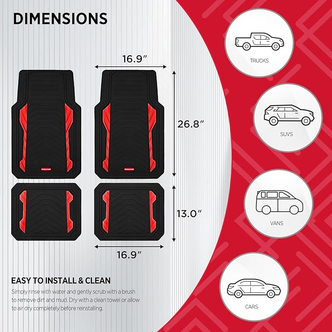 Rubbermaid Car Floor Mat, Heavy Duty All-Weather Car Mats Full Set with Dual-Tone Red Aluminum Inserts – Universal Fit, Anti-Slip Backing, Trim-to-Fit for Most SUV, Sedan, Van