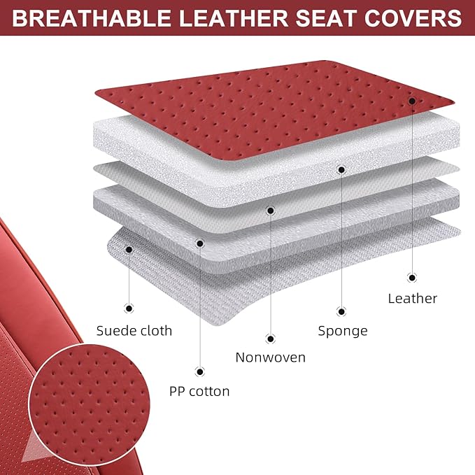 Auto Car Seat Covers Accessories Full Set Leather Cushion Protector Breathable Waterproof Seat Cover for Cars Universal Fit (Wine, Front Pair and Rear)