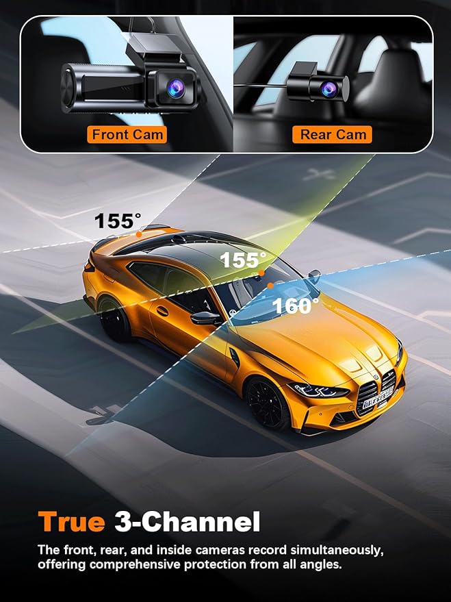 4K 3 Channel Dash Cam Front and Rear Inside, Built-in 5.8GHz WiFi GPS, 64GB Card Included, 4K+1080P+1080P Dash Camera for Cars, 3.18'' IPS Screen Dashcam with G-Sensor, 24H Parking Monitor