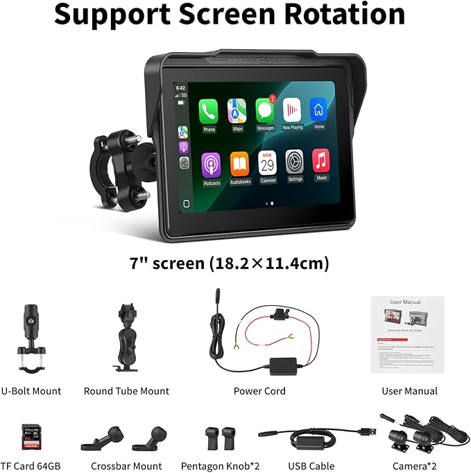 Motorcycle CarPlay Screen 7", Waterproof GPS Display for Motorbike, Wireless CarPlay & Android Auto para Moto, Dual Bluetooth, Touchscreen, Music Sharing Siri (7" CarPlay + Dual Camera)