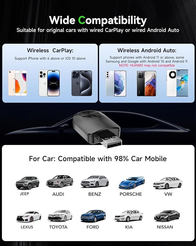 2-in-1 Apple CarPlay & Android Auto Wireless Adapter - 2025 Upgraded Mini Dongle with USB-C, Plug & Play Seamlessly Converts Factory Wired to Wireless, Fast Auto-Connect No Delay for Cars 2016+