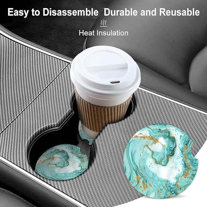 Turquoise Gold Marble Absorbent Cup Holders Car Coasters,Ceramic Stone Drinks Coaster Set for Women Man 2.56"(2 Pack)