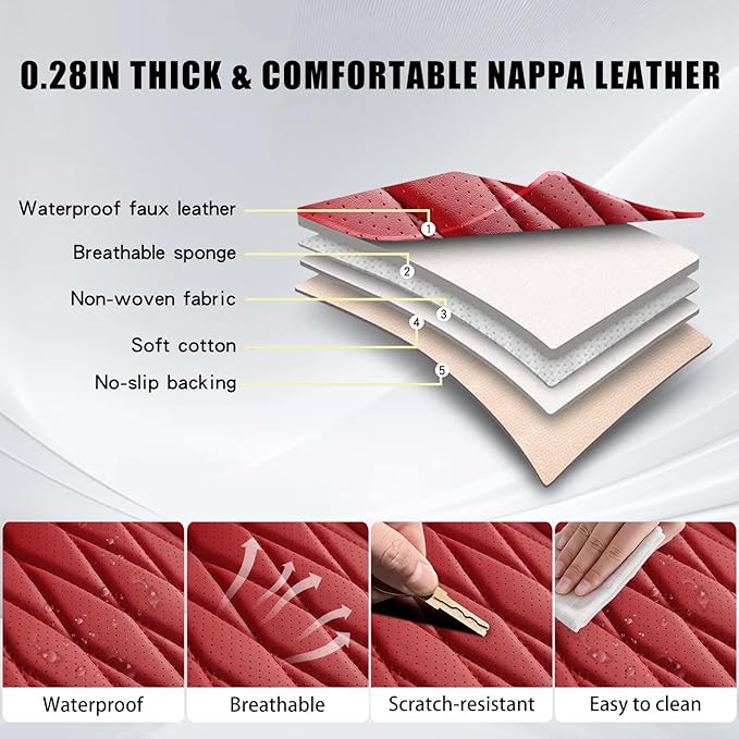 WELLDO Car Seat Covers Full Set, Leather Seat Covers for Cars, Car Seat Protector Waterproof, Non-Slip Car Interior Covers Full Set Universal Automotive Seat Covers for Most Sedans SUVs, Burgundy