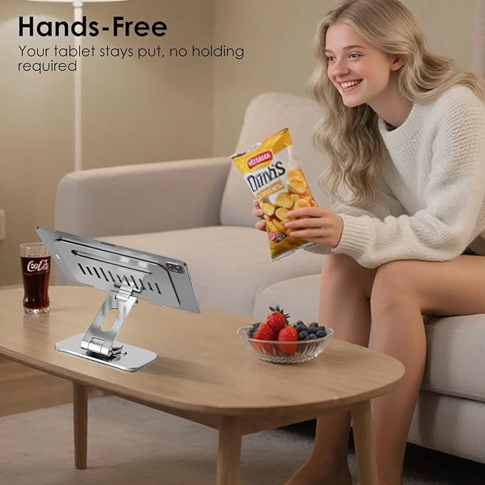 Tablet Stand for Desk, 360° Swivel for iPad Holder, Aluminum Adjustable Tablet Holder, Compatible for iPad Pro Air Mini Surface Pro Samsung Galaxy Tabs Kindle, 4-12.9 inch, Silver