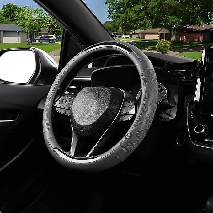 SEG Direct Car Steering Wheel Cover Medium Size 14 1/2"-15" Embossed Microfiber Leather with Carbon Fiber Pattern Gray