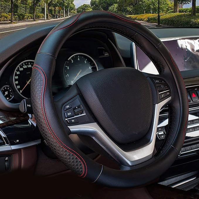 Valleycomfy Leather Steering Wheel Covers Universal 15 inch -Breathable, Anti Slip & Odor Free (Black with Red Lines,M(14" 1/2-15" 1/4))