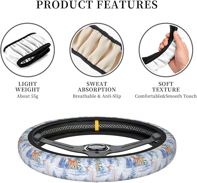 Dujiea Deer and Fox Elastic Stretch Steering Wheel Cover, Anti-Slip and Durable Car Steering Wheel Accessories for Women Men, 15 Inch Universal Fit Car, Truck, SUV