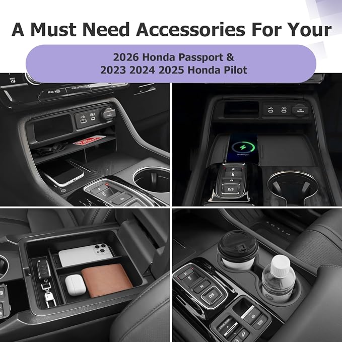 LUWU 2026 Honda Passport Accessories Compatible with 2023 2024 2025 Pilot & 2026 Passport Center Console Organizer,Center Console Cup Holder, Wireless Charging Protective Mat, Armrest Organizer 4PCS