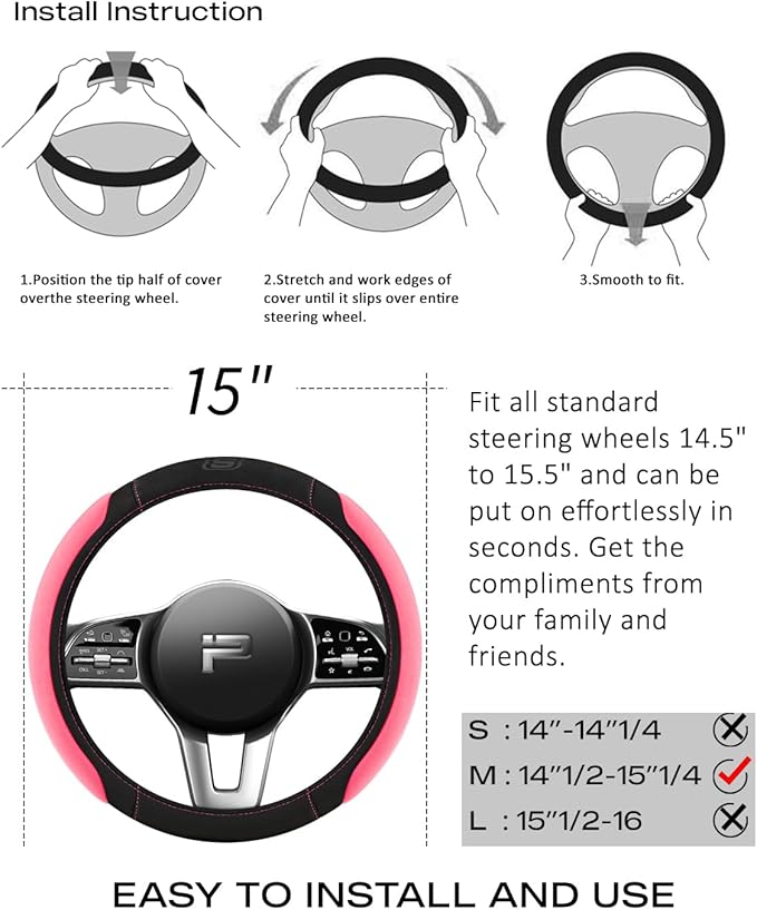 Skechers Pink Steering Wheel Cover, Memory Foam Car Steering Wheel Cover,14.5-15inch Anti-Slip Safety Comfortable Desgin, Universal Accessory for Diverse Cars, Truck,SUV (Black & Pink)